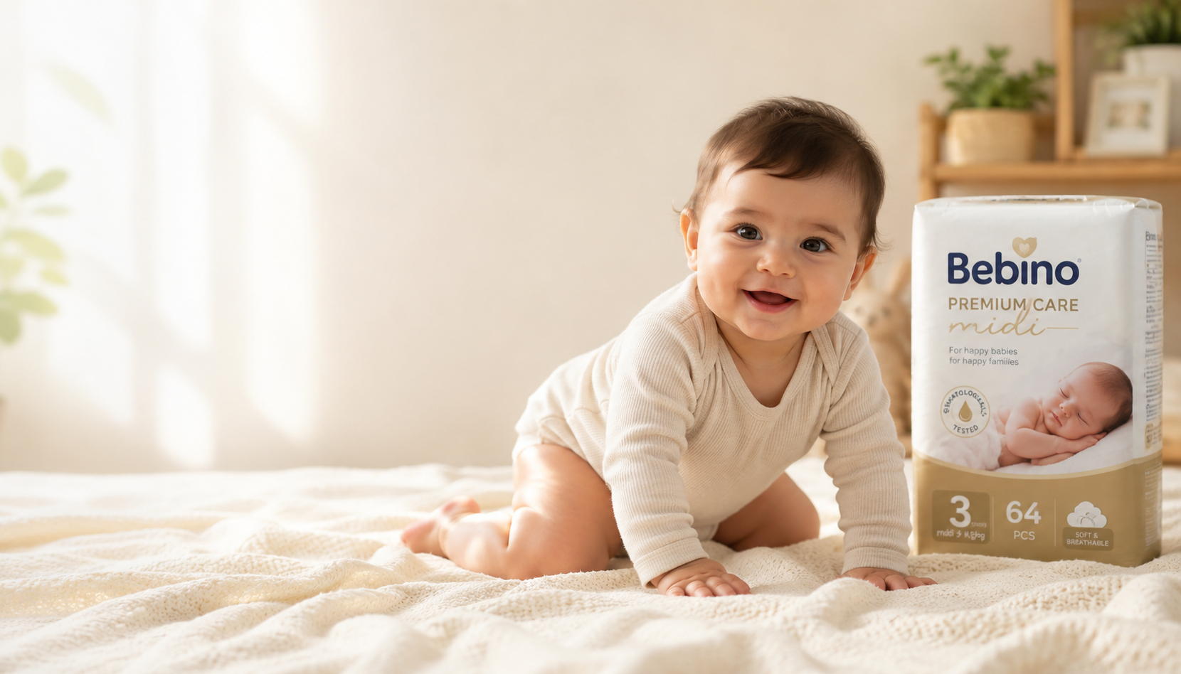 A happy baby in the morning light beside a Bebino pack